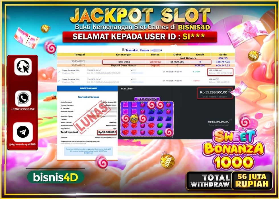 BISNIS4D JACKPOT SLOT SWEET BONANZA 1000 Rp.56.000.000.,- LUNAS