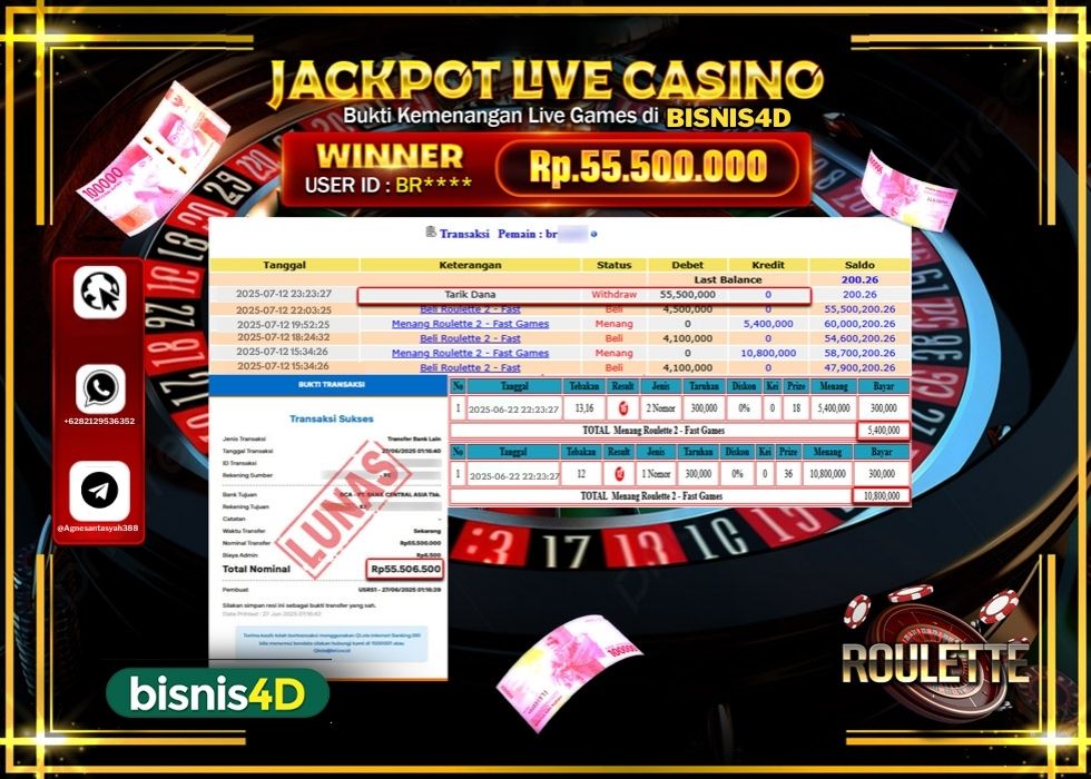 BISNIS4D JACKPOT LIVE GAMES ROULETTE 2 GAMES Rp.55.500.000.,- LUNAS