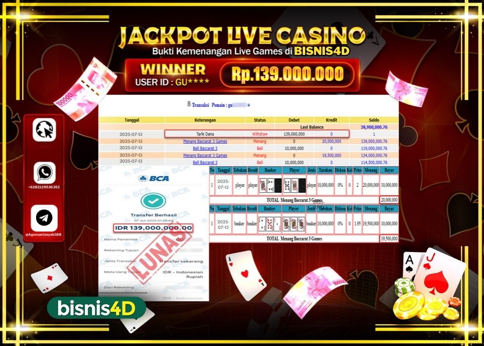 BISNIS4D JACKPOT LIVE GAMES BACCARAT 3 GAMES Rp.139.000.000.,- LUNAS