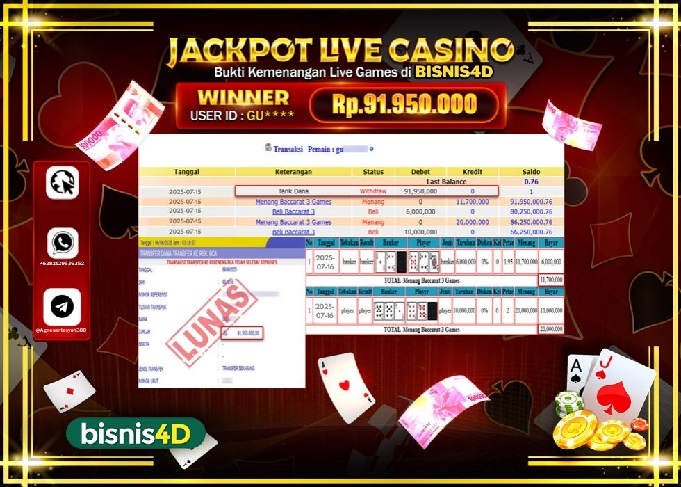 BISNIS4D JACKPOT LIVE GAMES BACCARAT 3 GAMES Rp.91.950.000.,- LUNAS