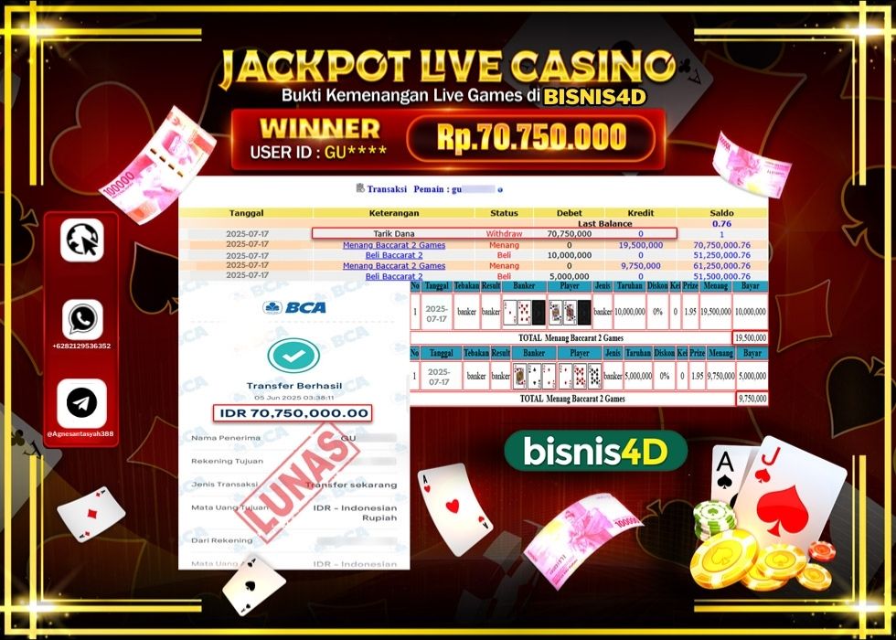 BISNIS4D JACKPOT LIVE GAMES BACCARAT 2 GAMES Rp.70.750.000.,- LUNAS