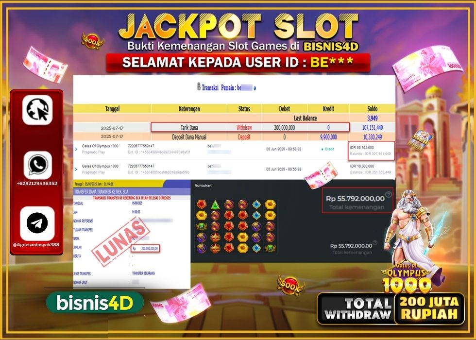 BISNIS4D JACKPOT SLOT GATES OF OLYMPUS 1000 Rp.200.000.000.,- LUNAS