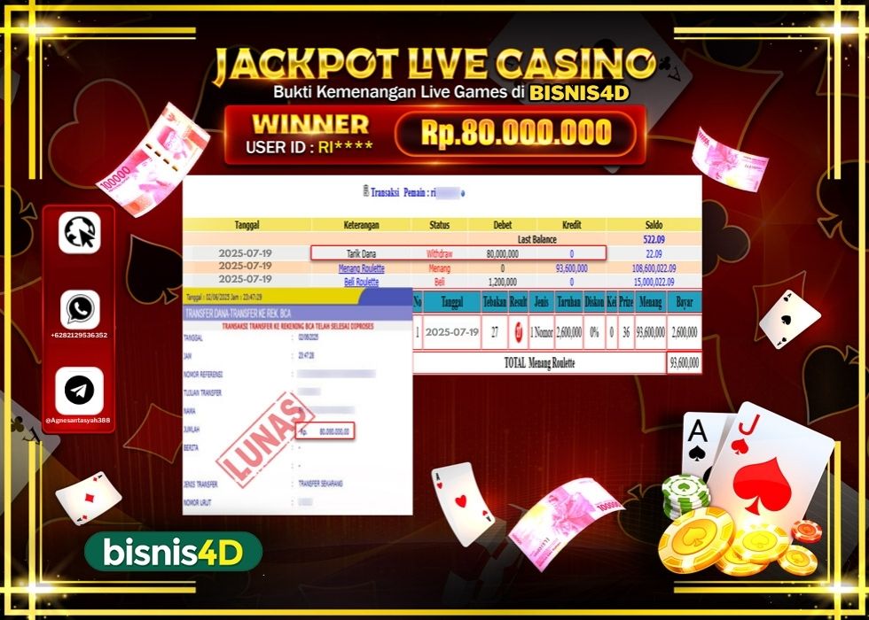 BISNIS4D JACKPOT LIVE GAMES ROULETTE GAMES Rp.80.000.000.,- LUNAS
