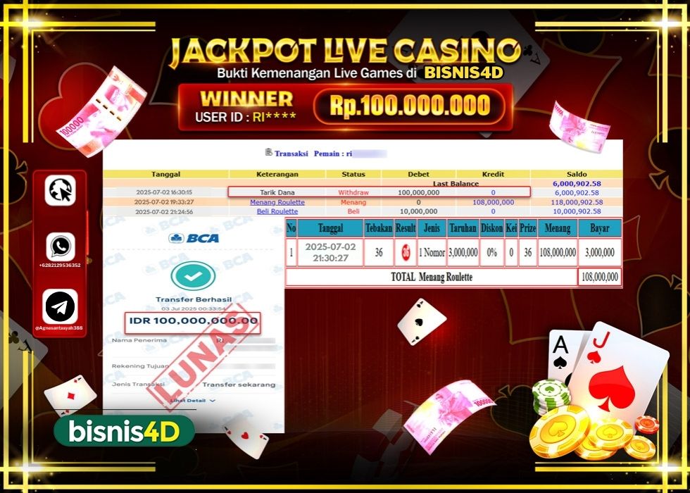BISNIS4D JACKPOT LIVE GAMES ROULETTE Rp.100.000.000.,- LUNAS
