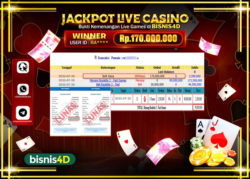 BISNIS4D JACKPOT LIVE GAMES ROULETTE 2 -FAST GAMES Rp.170.000.000.,- LUNAS
