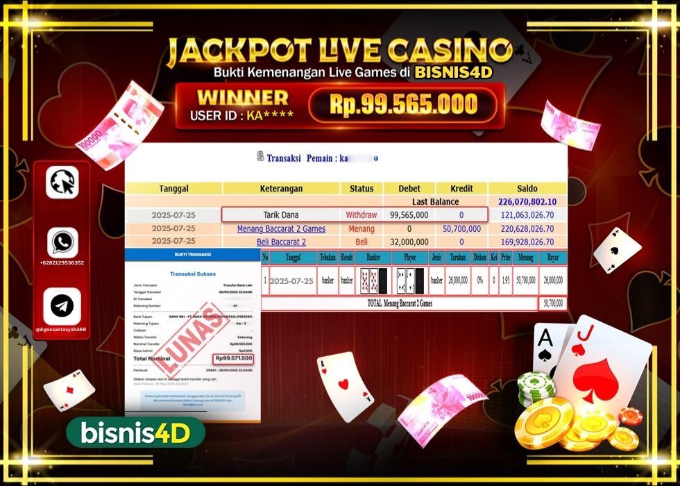 BISNIS4D JACKPOT LIVE GAMES BACCARAT 2 GAME Rp.99.565.000.,- LUNAS