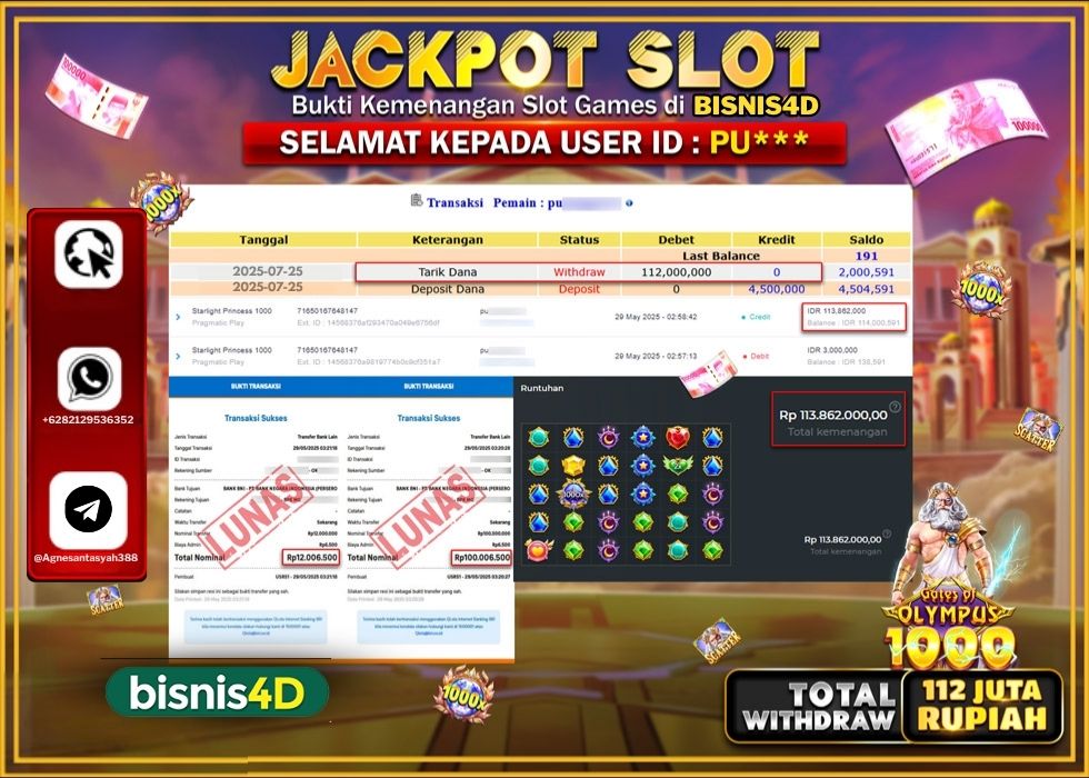 BISNIS4D JACKPOT SLOT PRAMATIC GATES OF OLYMPUS 1000 Rp.112.000.000.,- LUNAS