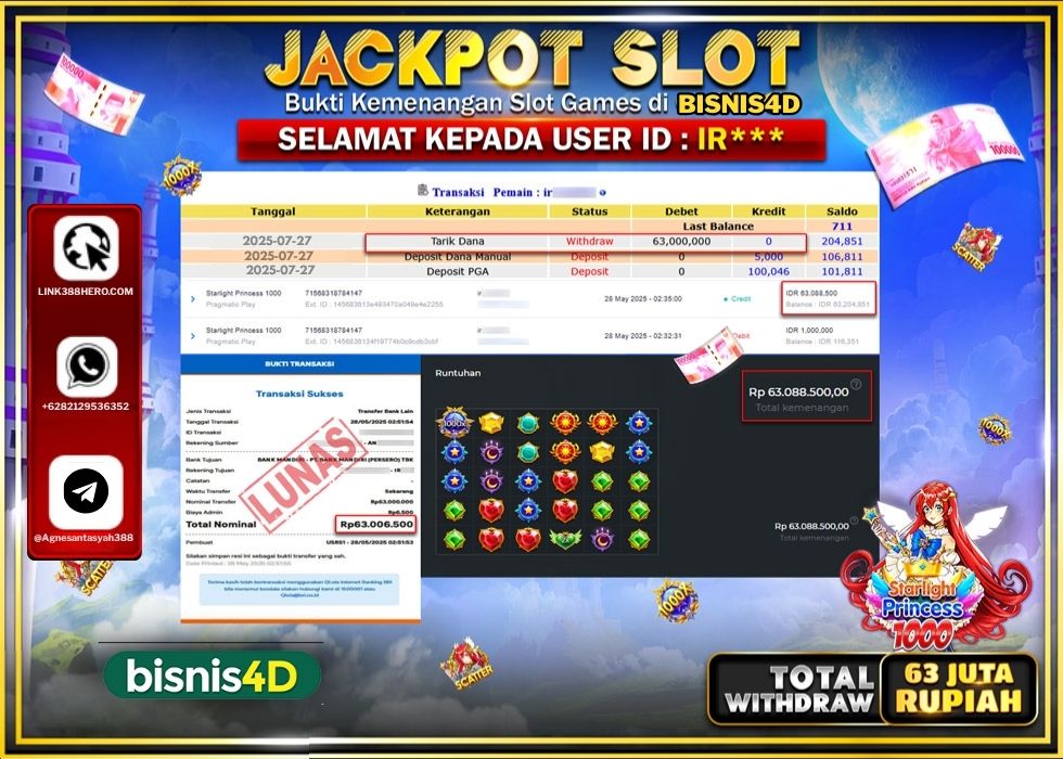 BISNIS4D JACKPOT SLOT PRAMATIC STARLIGHT PRINCES 1000 Rp.63.000.000.,- LUNAS