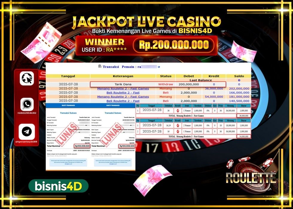 BISNIS4D JACKPOT LIVE GAMES ROULETTE Rp.200.000.000.,- LUNAS