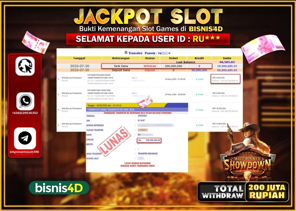 BISNIS4D JACKPOT SLOT WILD BOUNTY SHOWDOWN Rp.200.000.000.,- LUNAS