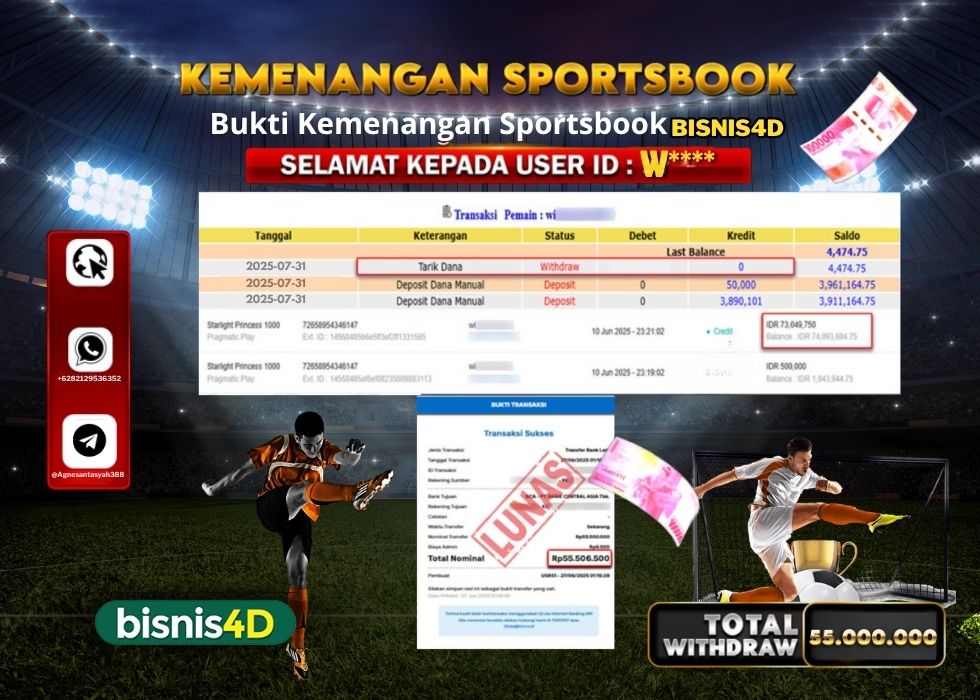 BISNIS4D KEMENANGAN SPORTSBOOK Rp.55.000.000.,- LUNAS