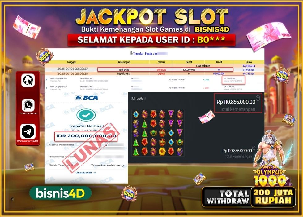 BISNIS4D JACKPOT SLOT GATES OF OLYMPUSS 1000 Rp.200.000.000.,- LUNAS