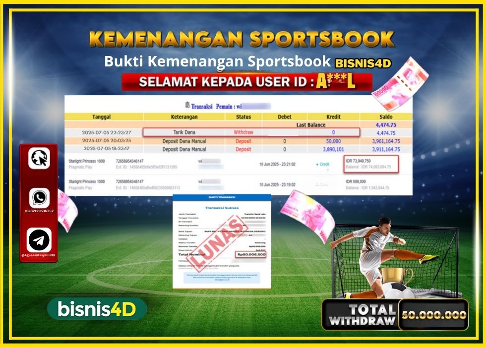 BISNIS4D KEMENANGAN SPORTSBOOK Rp.50.000.000.,- LUNAS