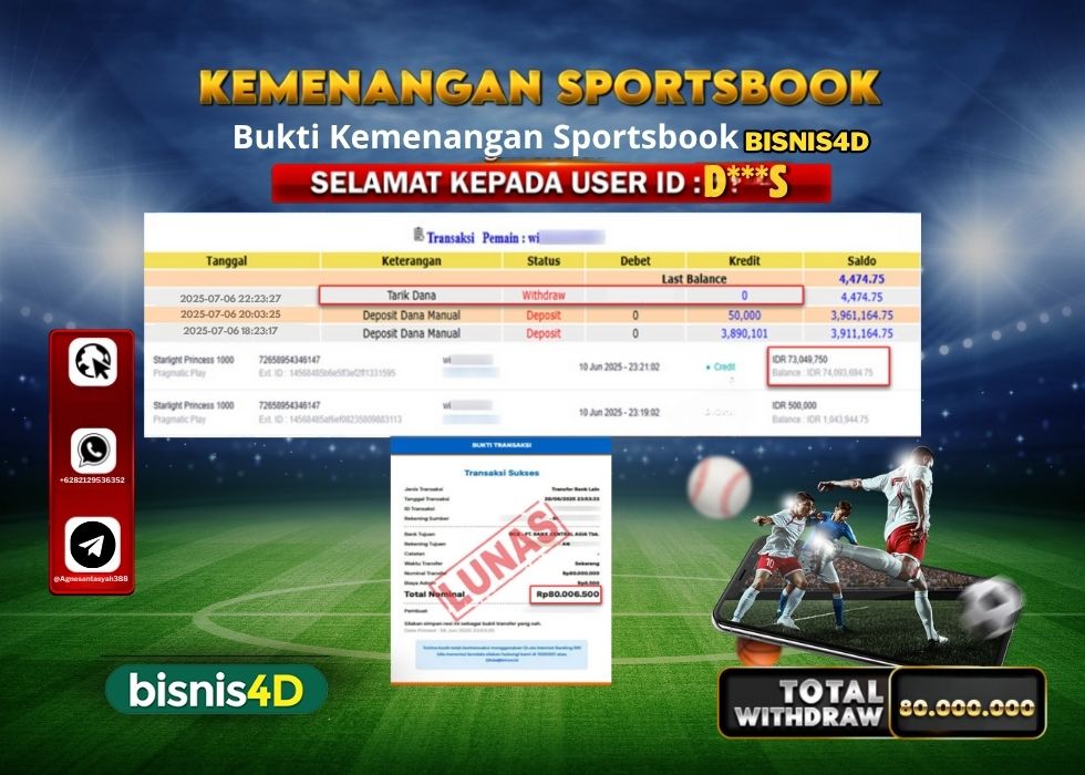 BISNIS4D KEMENANGAN SPORTSBOOK Rp.80.000.000.,- LUNAS