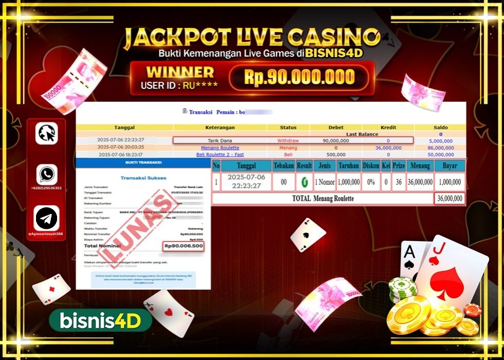 BISNIS4D JACKPOT LIVE GAMES ROULETTE 2 - FAST GAMES Rp.90.000.000.,- LUNAS