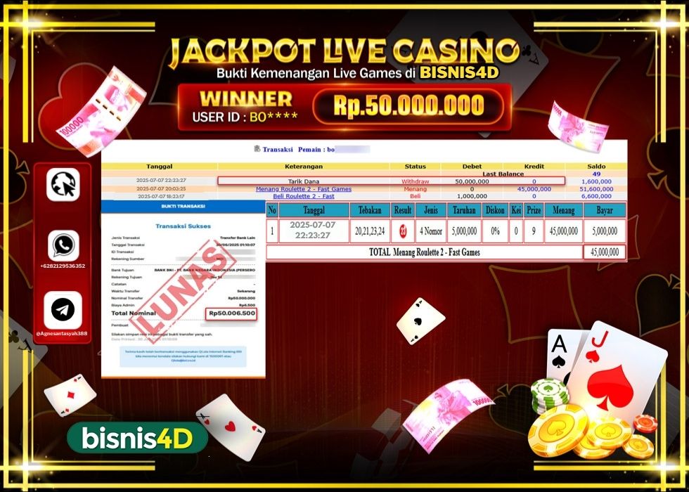 BISNIS4D JACKPOT LIVE GAMES ROULETTE 2 - FAST GAMES Rp.50.000.000.,- LUNAS