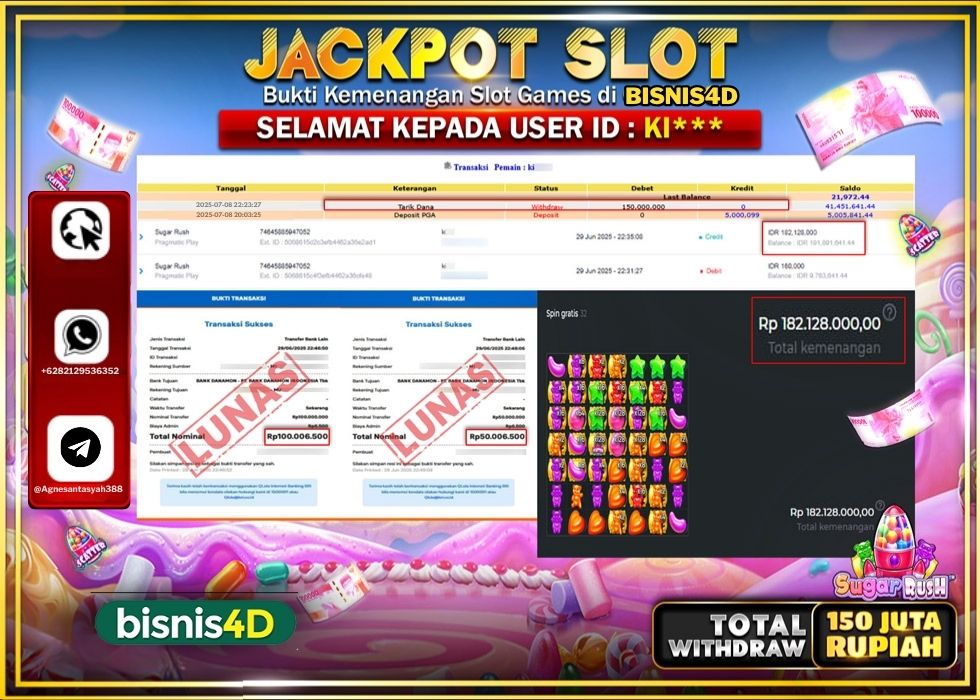 BISNIS4D JACKPOT SLOT SUGAR RUSH Rp.150.000.000.,- LUNAS